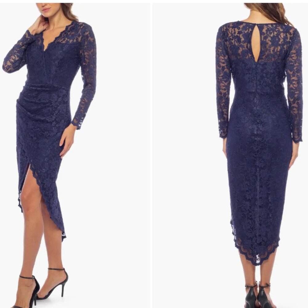 Marina V-Neck Long Sleeve High-Low Dress, blue lace